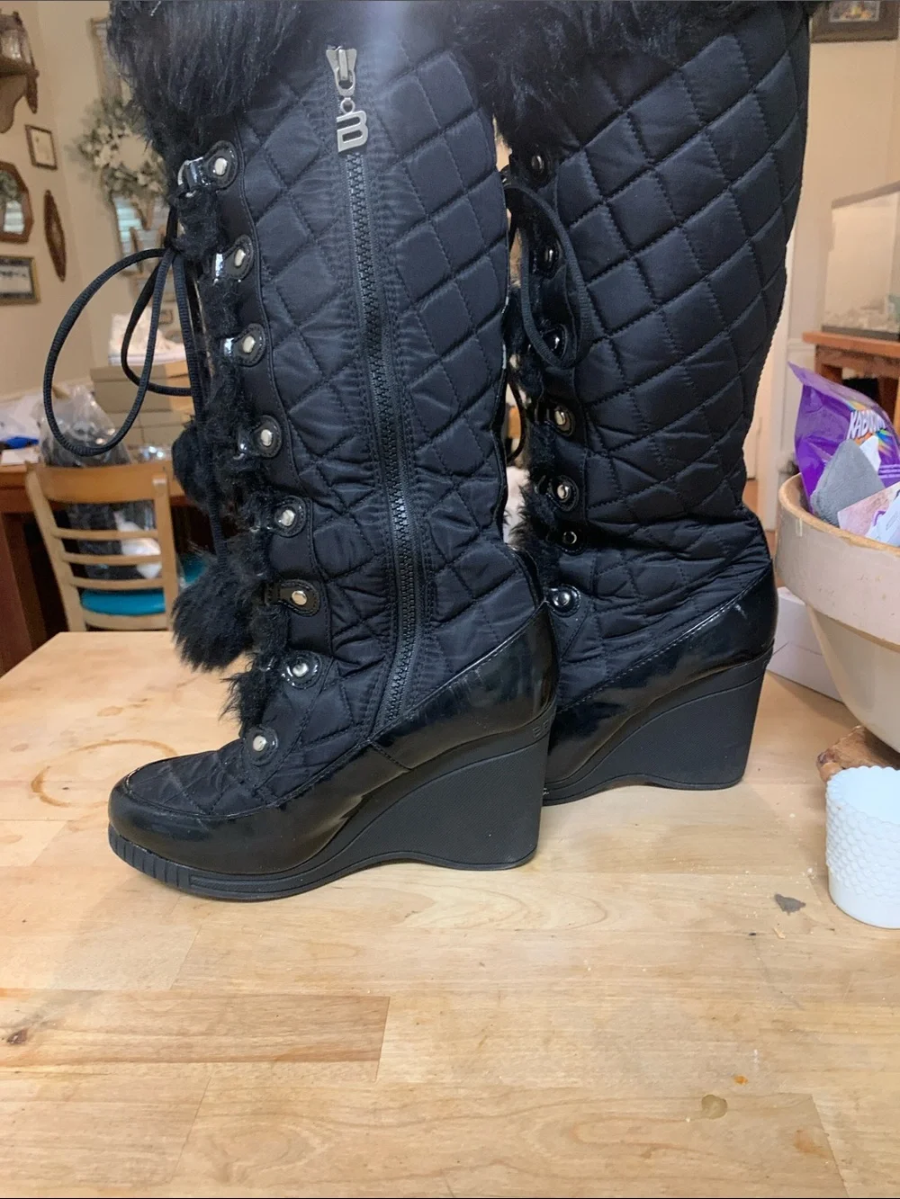 bebe Sport Black Quilted Faux-Fur Winter Lace-Up Boots